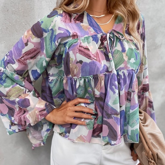 Boho Floral Purple Tie Babydoll Long Sleeve Top - Picture 3 of 6